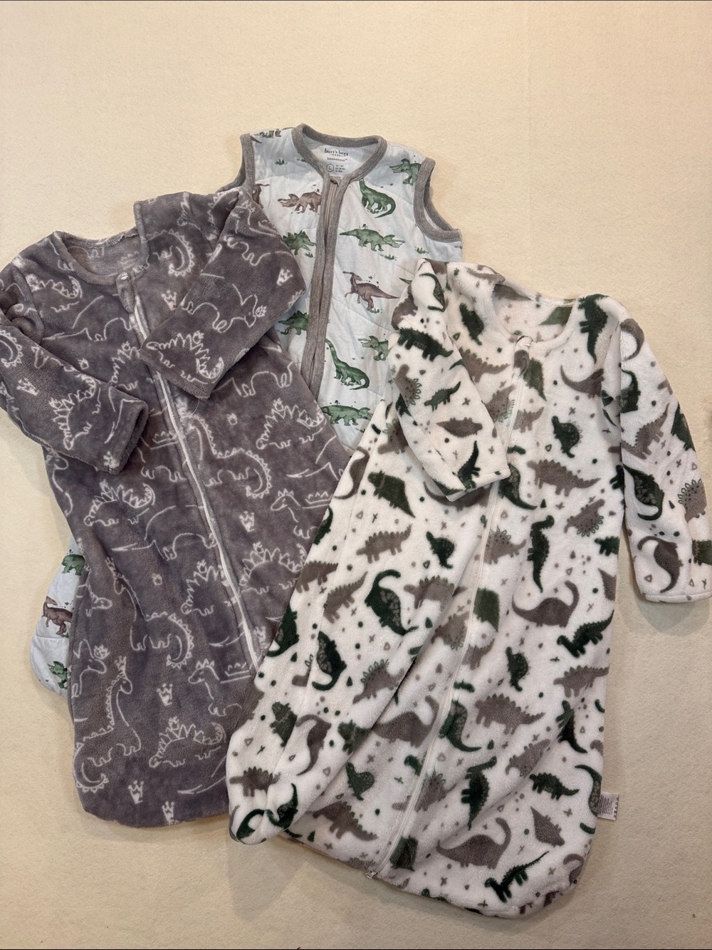 Lot of 3 Dinosaur Sleep Sacks in Gray, White & Green - Burt's Bees Sz 12-18m UU